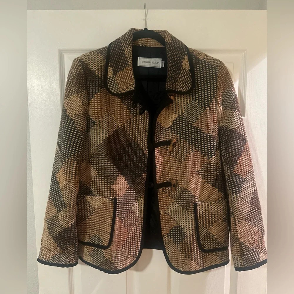 Vintage HOWARD WOLF Woven Tapestry Jacket Tan Brown
Horn Buttons NWOT. Size 12.